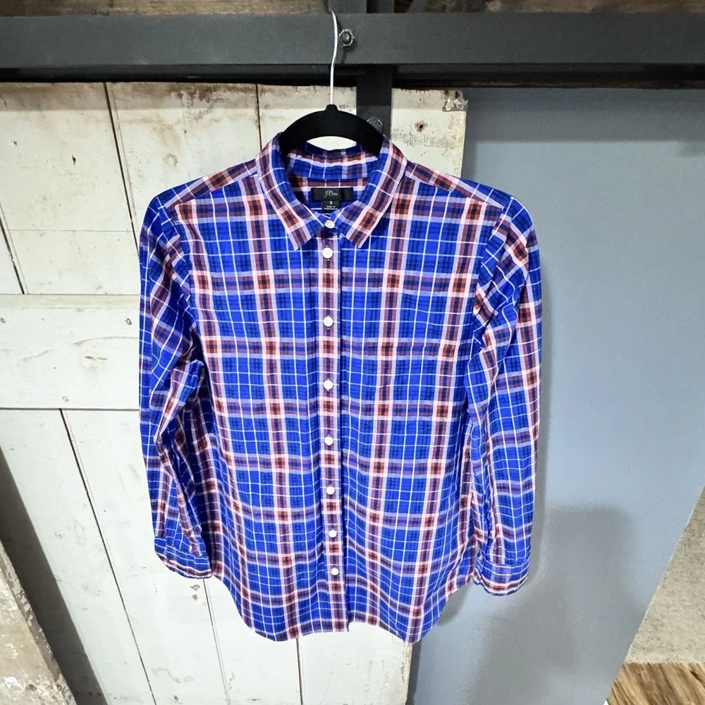 J. Crew Men's Collared Button Up‎ Pocket Long Sleeve Cotton Shirt Blue Red Plaid